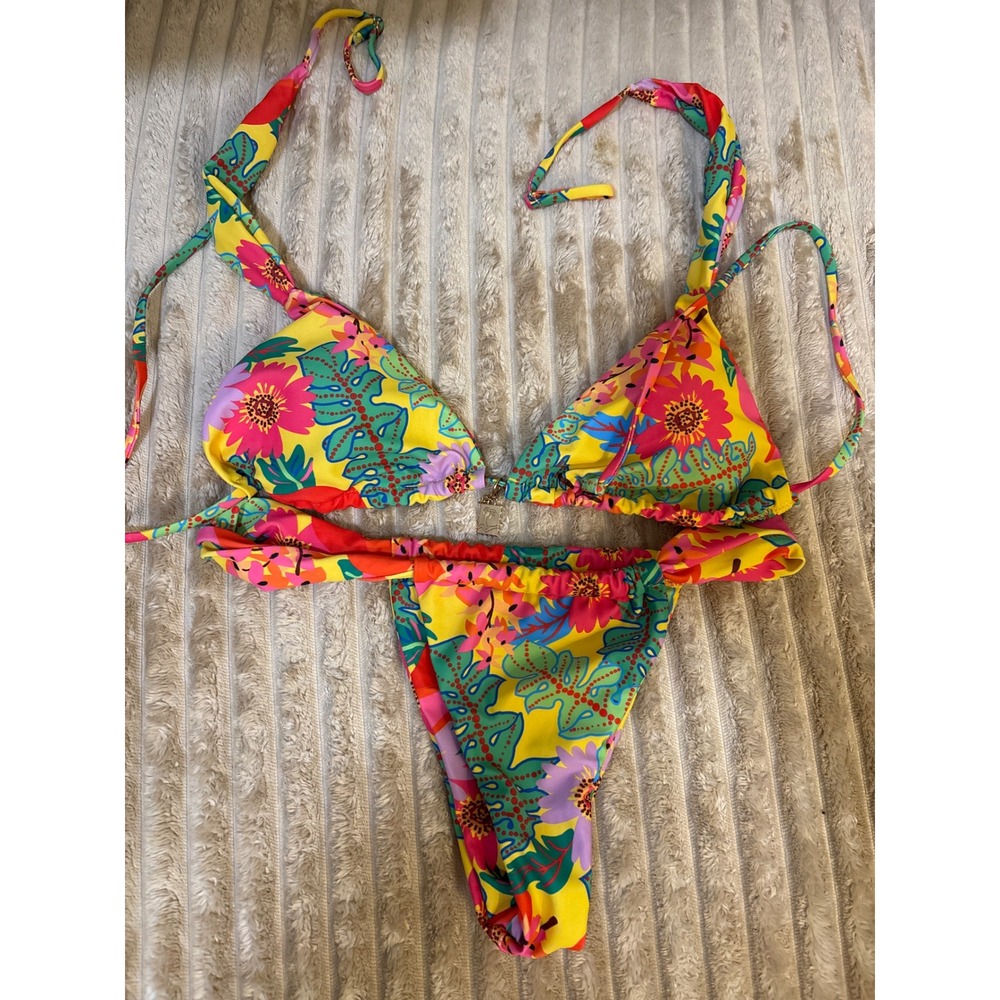 Zimmermann Tropical Floral Triangle Bikini Set Yellow Pink Green 2pc Swimsuit